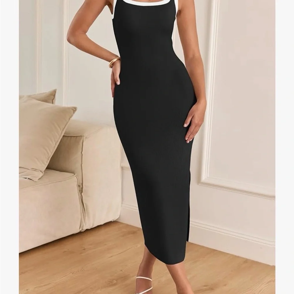 Chic Black Midi Dress with White Trim - Picture 4 of 5